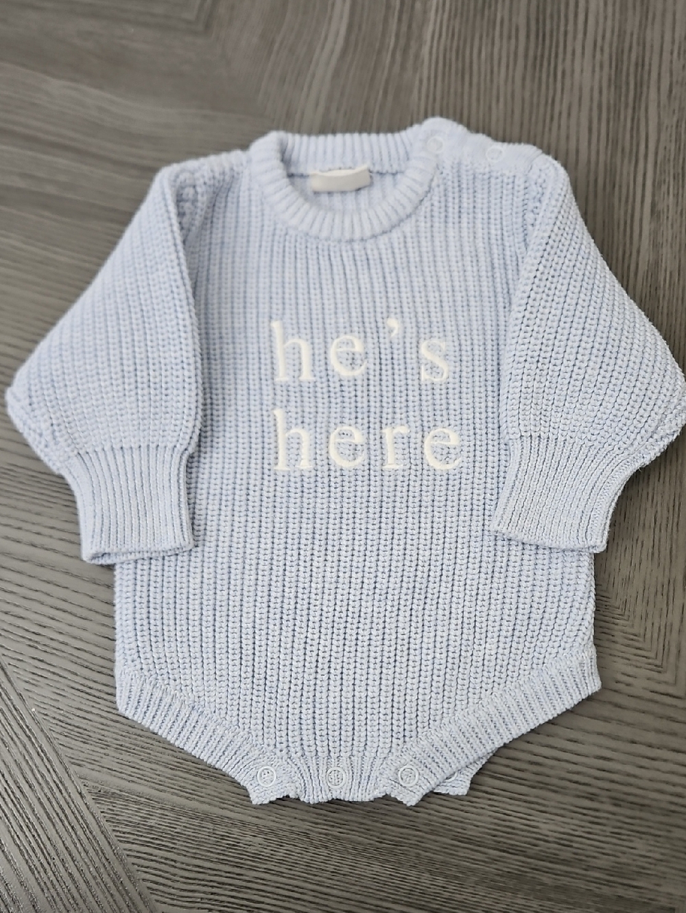Light Blue Knit Baby One-Piece Bodysuit - "he's here"